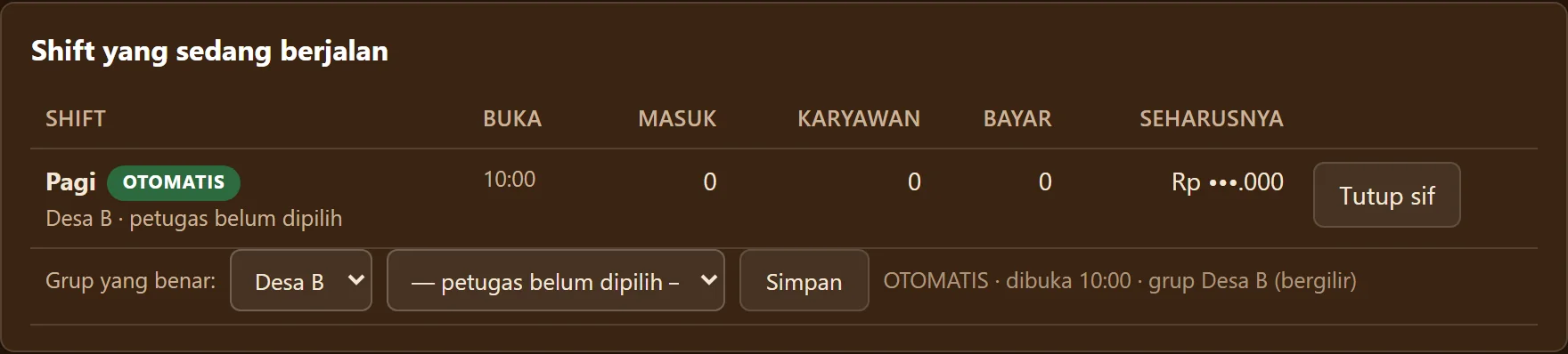 Tangkapan layar nyata shift Pagi yang terbuka otomatis pukul 10.00 pada aplikasi Pantala