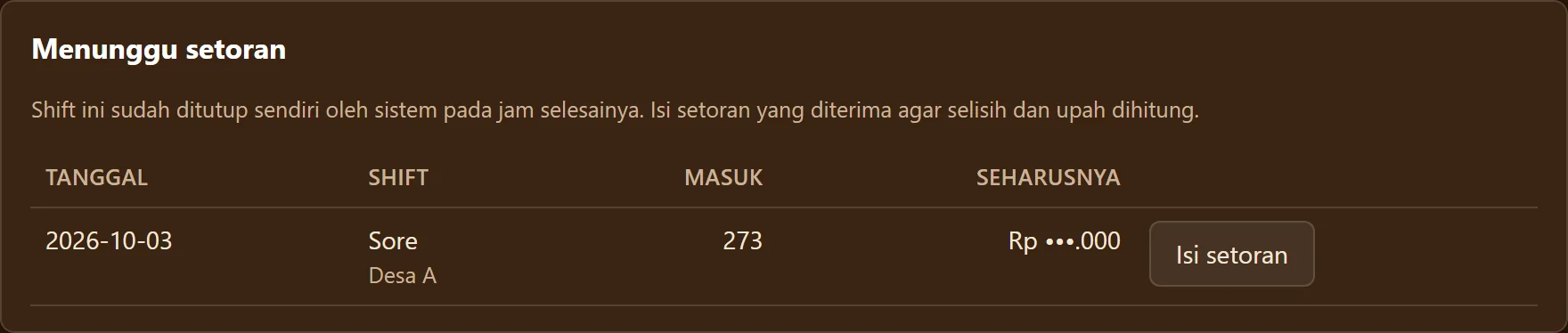 Tangkapan layar nyata kartu Menunggu Setoran pada aplikasi Pantala, nominal disamarkan